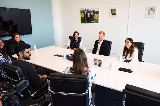 <p>Lee Morgan for The Archewell Foundation</p> Meghan Markle and Prince Harry meet with students and alumni at The Marcy Lab School in Brooklyn, New York.