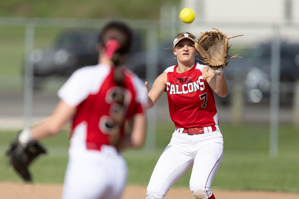 Field second baseman Mckayla Miller makes a throw to shortstop Tia Ulrich during a high school softball game against the Coventry Comets Monday, April 29 in Coventry Township.