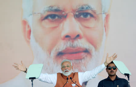 Prime Minister Narendra Modi gestures as he addresses an election campaign rally in Meerut in Uttar Pradesh, March 28, 2019. REUTERS/Adnan Abidi/Files