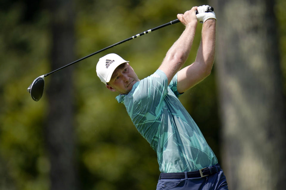 Daniel Berger tees off from the second hole during the second round of the BMW Championship golf tournament, Friday, Aug. 27, 2021, at Caves Valley Golf Club in Owings Mills, Md. (AP Photo/Julio Cortez)