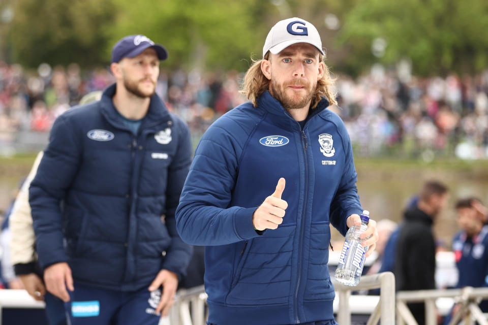 MELBOURNE, AUSTRALIA - SEPTEMBER 23:  Cameron Guthrie of the Geelong Cats attends the 2022 AFL Grand Final Parade on September 23, 2022 in Melbourne, Australia. (Photo by Robert Cianflone/Getty Images)