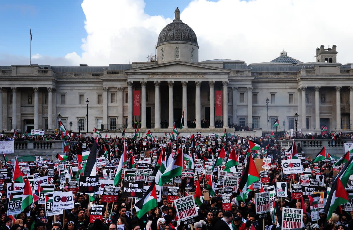 Protesters holding placards and Palestinian flags rally during a pro-Palestine 'Ceasefire Now' demonstration at Trafalgar Square in London (EPA)