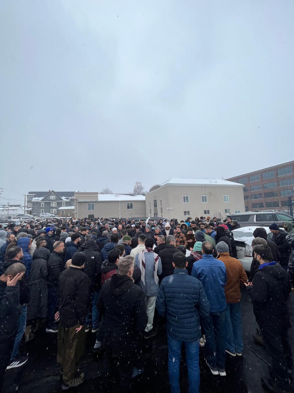 Crowds gathered in prayer outside the Islamic Organization of the Southern Tier Friday, Jan. 19, 2024, after five women were killed in a crash on I-81.