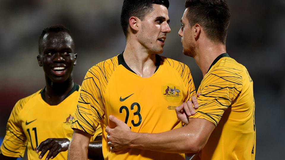 Tom Rogic (C) celebrates scoring his side’s third goal. (Photo by Tom Dulat/Getty Images)