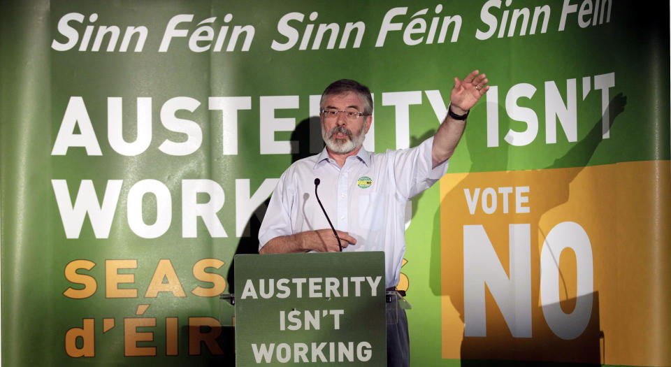 Sinn Fein President Gerry Adams speaks during a rally in central Dublin, Ireland, Monday, May 28, 2012. The Sinn Fein President is calling for a No vote in Thursday's Fiscal Treaty Referendum across Ireland. (AP Photo/Peter Morrison)