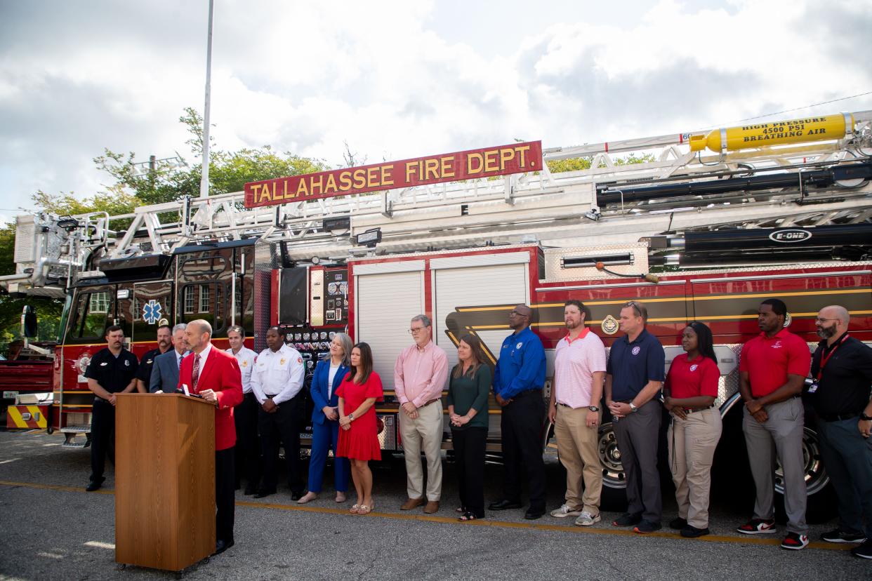 Leon County Schools Superintendent Rocky Hanna announces a new firefighter program for students at Leon High School in collaboration with Tallahassee Community College on Tuesday, May 7, 2024.