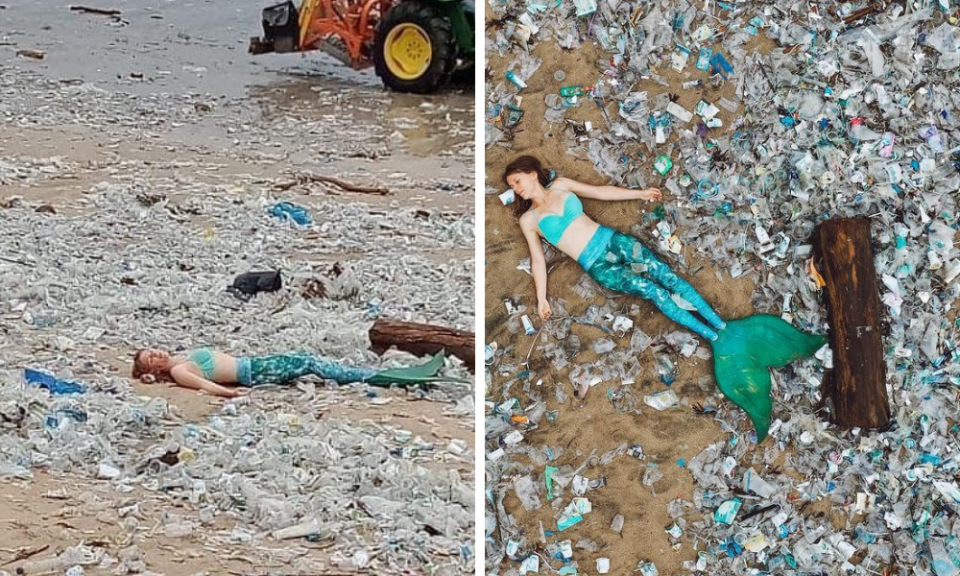 <p>有印尼民眾在垃圾成堆的沙灘上看到一個令人意外的景象，一隻「藍色美人魚」竟然躺在垃圾堆中，照片引發網友討論。（圖／翻攝自IG）</p>
