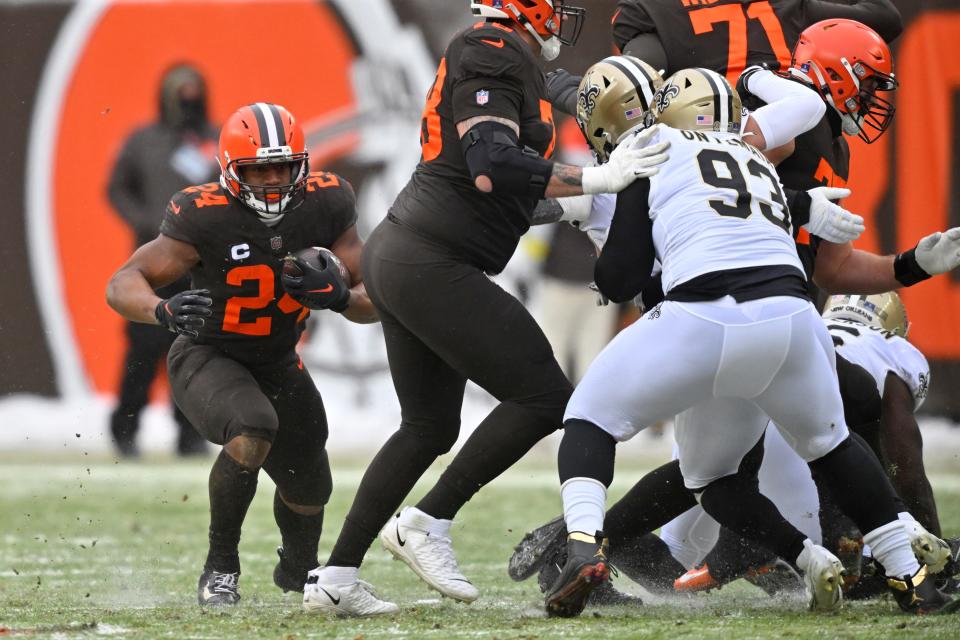 Browns running back Nick Chubb carries on a first-half run against the Saints, Saturday, Dec. 24, 2022, in Cleveland.
