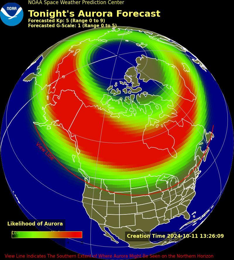 The NOAA Space Weather Prediction Center aurora forecast for October 11, 2024.  / Credit: NOAA Space Weather Prediction Center