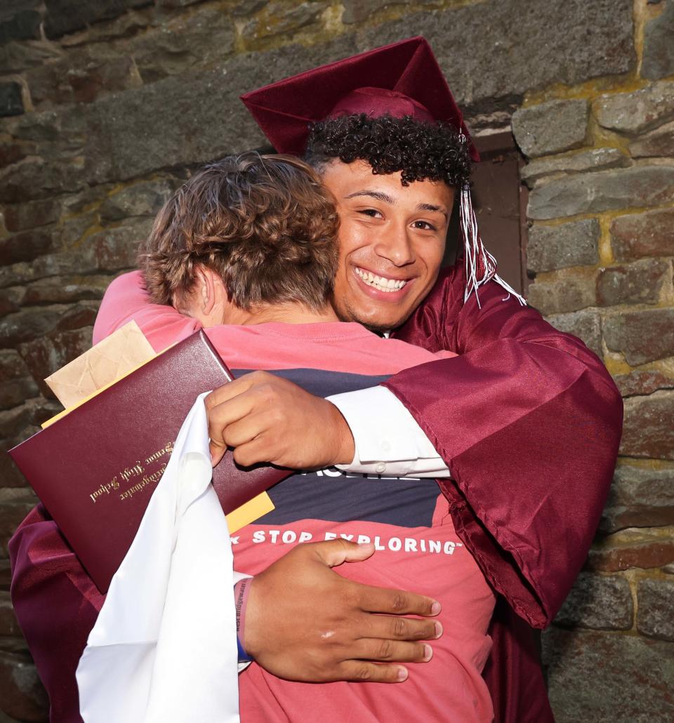 Sean Carter celebrates during the West Bridgewater Middle-Senior High School graduation at War Memorial Park on Friday, May 26, 2023. 