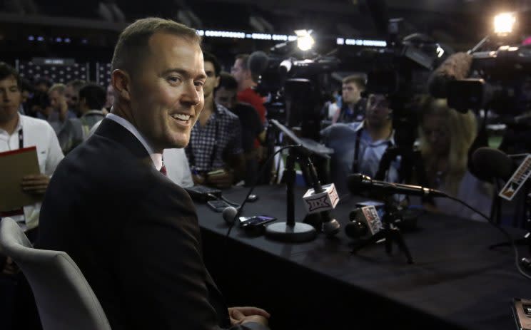 Oklahoma’s Lincoln Riley didn’t look like a newcomer at Big 12 Media Days. (AP)