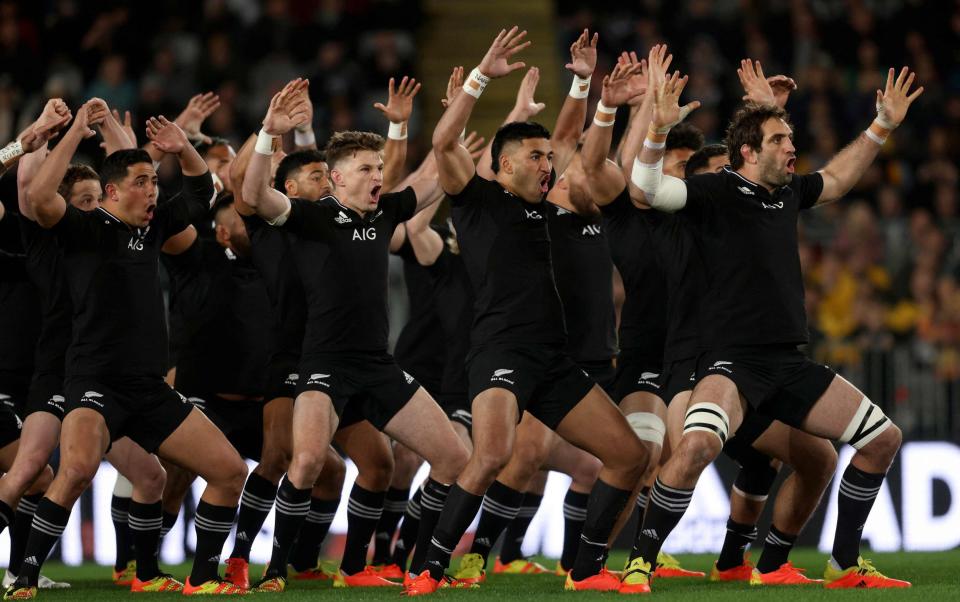 New Zealand players perform haka before the first rugby Test of Bledisloe Cup between the New Zealand and Australia at Eden Park in Auckland on August 7, 2021. - All Blacks' 'Ka Mate' haka protected in trade deal with UK - GETTY IMAGES