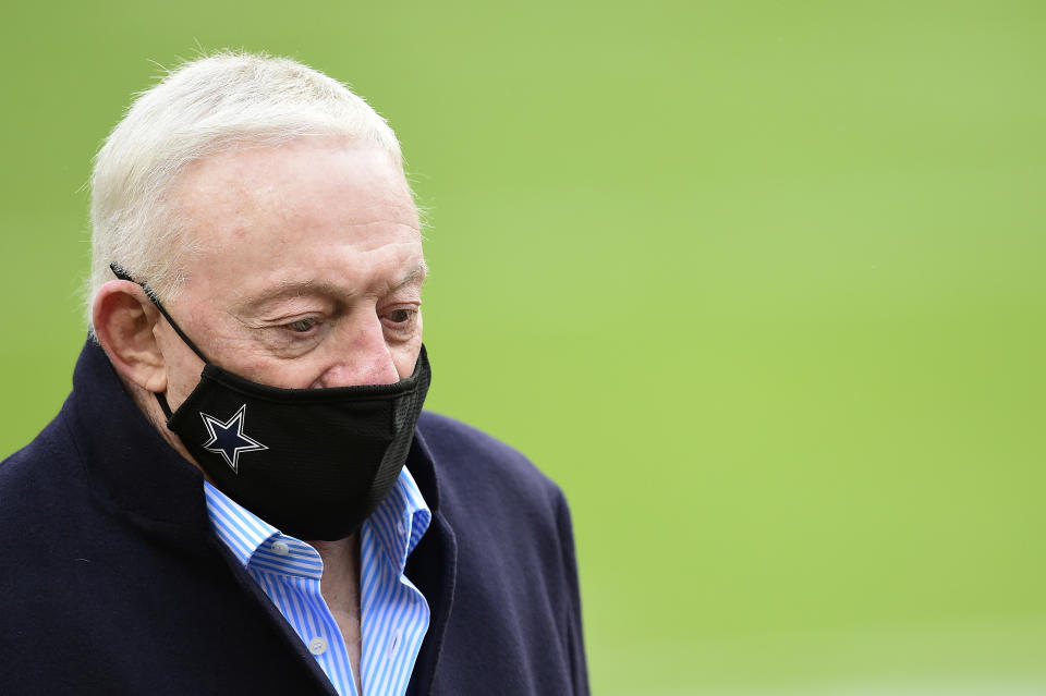 LANDOVER, MARYLAND - OCTOBER 25: Jerry Jones, owner of the Dallas Cowboys, looks on before the game against the Washington Football Team at FedExField on October 25, 2020 in Landover, Maryland. (Photo by Patrick McDermott/Getty Images)