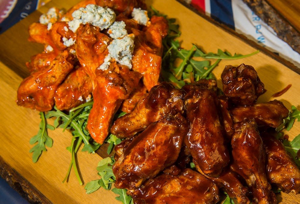 A photo of chicken wings, a common Super Bowl food.