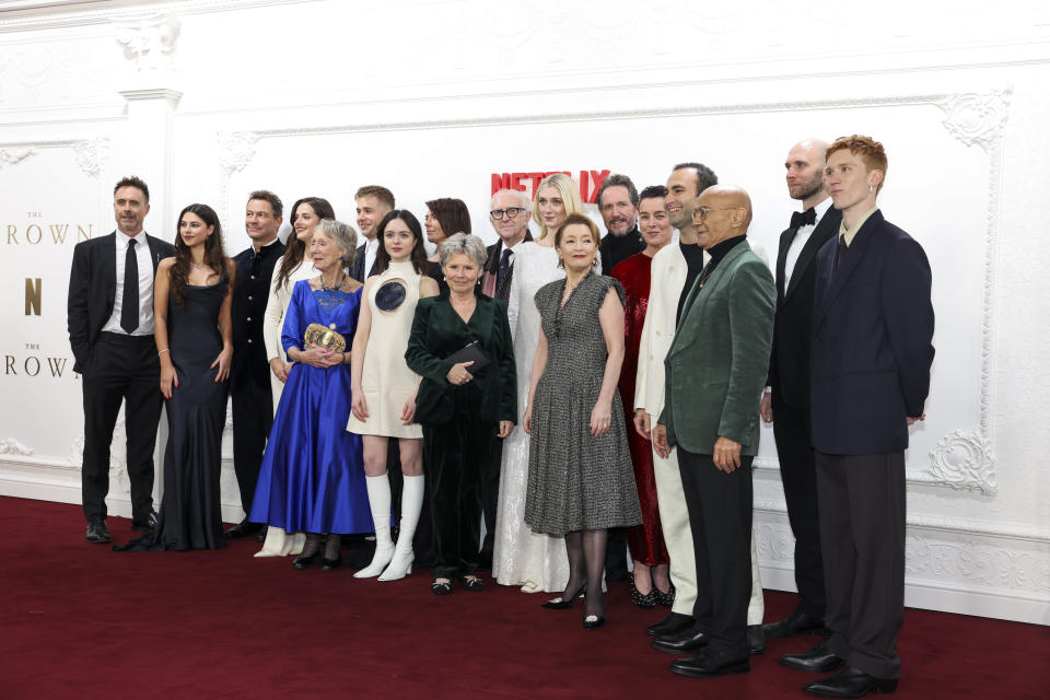 FILE - Cast members pose upon arrival at the premiere for 'The Crown' season 6 finale, in London, Dec. 5, 2023. Even when hit TV series like "The Crown" or "Bridgerton" have wide appeal, Netflix still tries to cater to the divergent tastes in its vast audience. (Photo by Vianney Le Caer/Invision/AP, File)