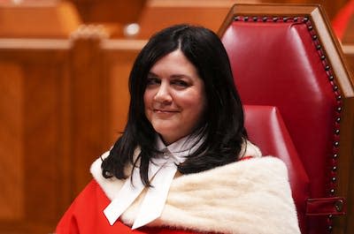 Justice Michelle O'Bonsawin, the first Indigenous judge to be appointed to the Supreme Court of Canada, is welcomed during a ceremony in November 2022. THE CANADIAN PRESS/Sean Kilpatrick