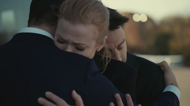 From Left: Kendall (Jeremy Strong), Shiv (Sarah Snook) and Roman Roy (Kieran Culkin) share a rare moment of affection after the death of their father, media mogul Logan Roy (Brian Cox), in Sunday night's stunning episode of HBO's 