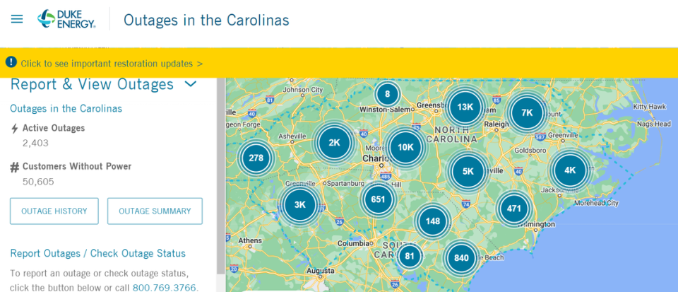 A screen grab of Duke Energy power outages in the Carolinas as of 9 a.m. on Wednesday.