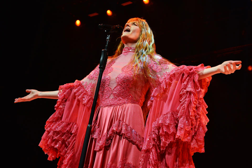 LONDON, ENGLAND - NOVEMBER 18: Florence Welch of Florence + The Machine performs on stage at The O2 Arena during the Dance Fever tour on November 18, 2022 in London, England. (Photo by Jim Dyson/Getty Images)