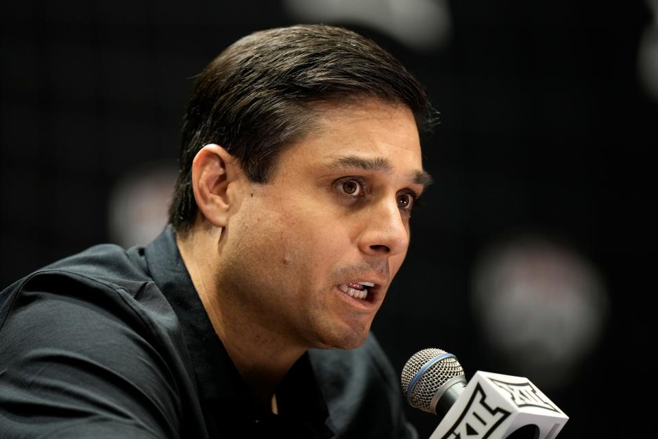Cincinnati coach Wes Miller addresses the media during the NCAA college Big 12 men's basketball media day Wednesday, Oct. 18, 2023, in Kansas City, Mo.