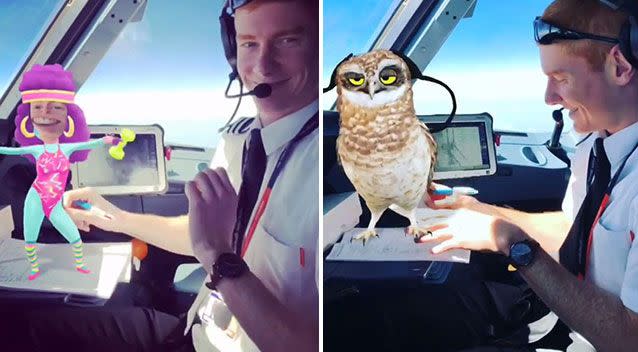 The unnamed co-pilot filmed dancing with a cartoon character (left) and (right) an owl pictured with him. Source: Snapchat