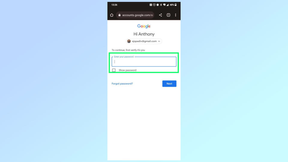 Login to your Google account using your password