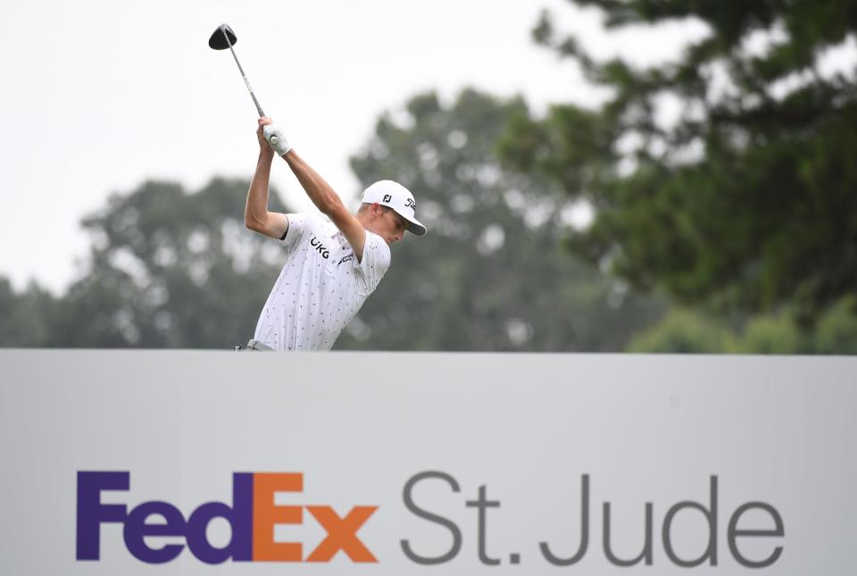 Aug 8, 2021 - Will Zalatoris hits his tee shot on the seventh hole during the final round of the WGC FedEx St. Jude Invitational golf tournament at TPC Southwind.