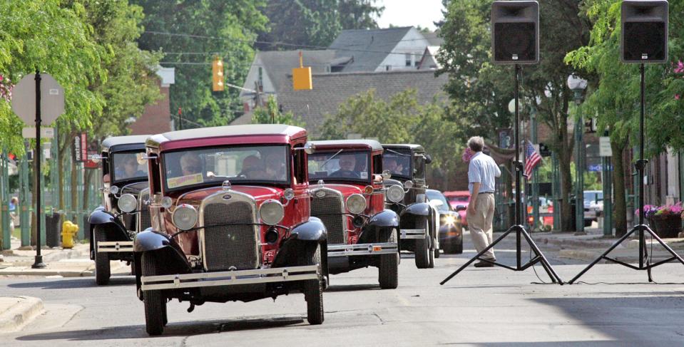 Ford Model A's and other classic and antique cars roll into Adrian during the Back to the Bricks promotional car tour on June 13, 2017. Adrian is the first stop on the 2023 promotional car tour, set for Friday, June 9.