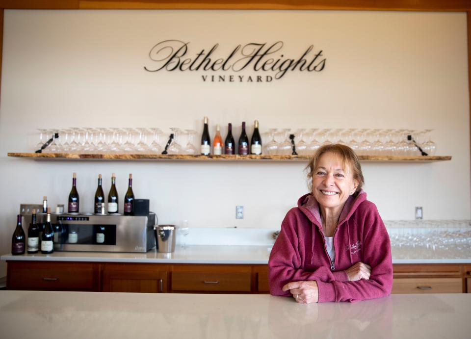 Pat Dudley, the co-owner, president and general manager of Bethel Heights Vineyard, in the tasting room on Oct. 11 at Bethel Heights Vineyard in West Salem, Ore. Dudley is one of four family members who have been operating the vineyard since 1978.