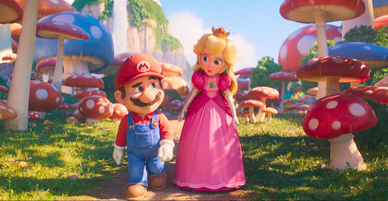 This image released by Nintendo and Universal Studios shows Mario, voiced by Chris Pratt, left, and Princess Peach, voiced by Anya Taylor-Joy, in Nintendo's "The Super Mario Bros. Movie." (Nintendo and Universal Studios via AP)