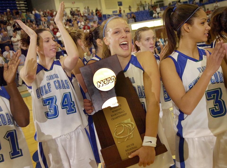 FGCU teammates Kate Schrader, left, Ashley Haegele and Amanda Pierce celebrate after defeating Delta State in the NCAA Division II South Regional Tournament at Alico Arena on Monday, March 12, 2007.