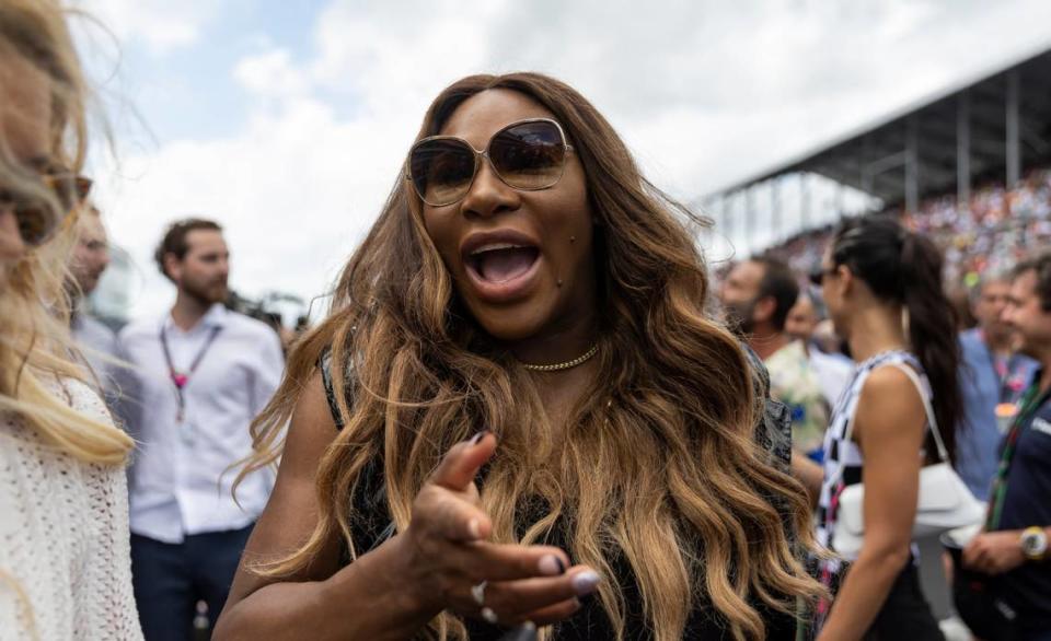 American tennis player Serena Williams is seen at the grid before the start of the Formula One Miami Grand Prix at the Miami International Autodrome on Sunday, May 7, 2023, in Miami Gardens, Fla.
