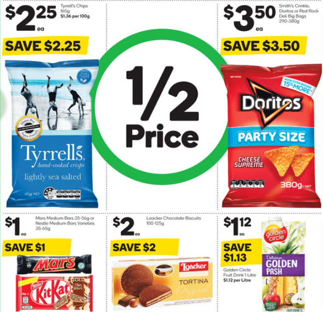 Chips, chocolates, biscuits and fruit drink on sale for half-price at Woolworths.