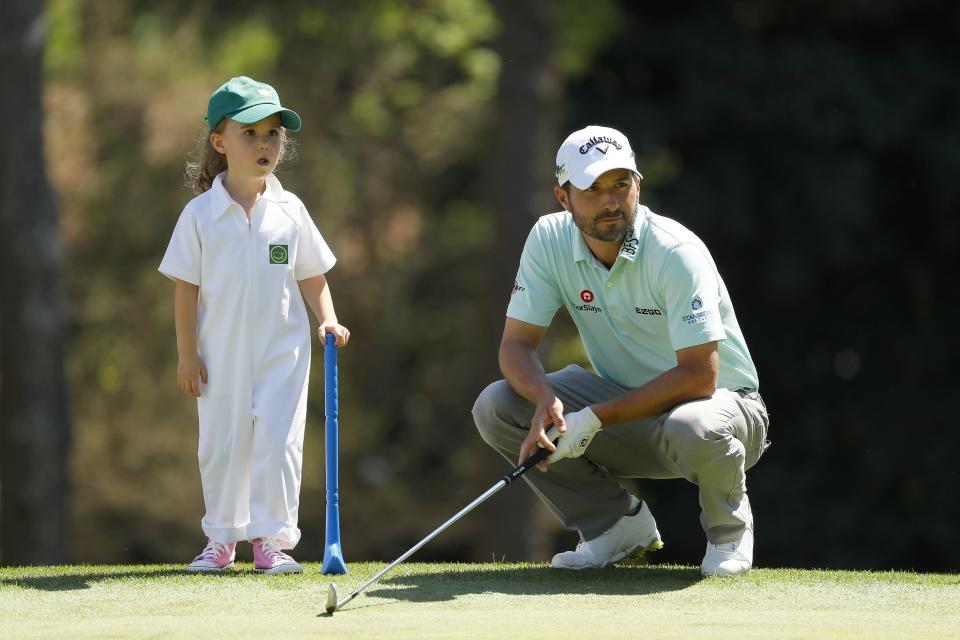 AUGUSTA, GEORGIA - APRIL 10: Kevin Kisner of the United States looks on with his daughter Kate during the Par 3 Contest prior to the Masters at Augusta National Golf Club on April 10, 2019 in Augusta, Georgia. (Photo by Kevin C. Cox/Getty Images)