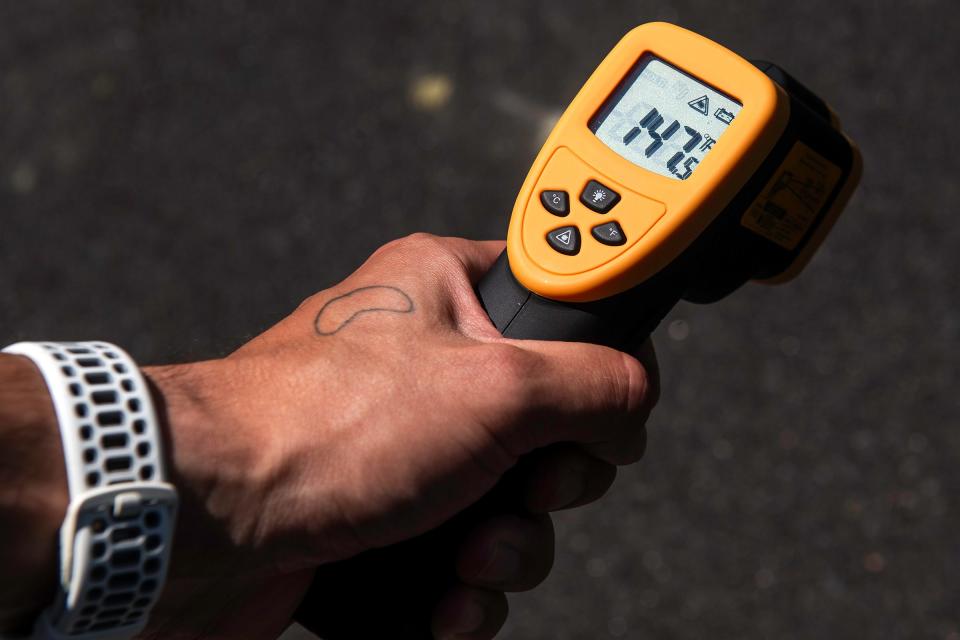 A temperature reading is shown on some unshaded asphalt near City Park on Wednesday, July 10, 2024, in Fort Collins, Colo.