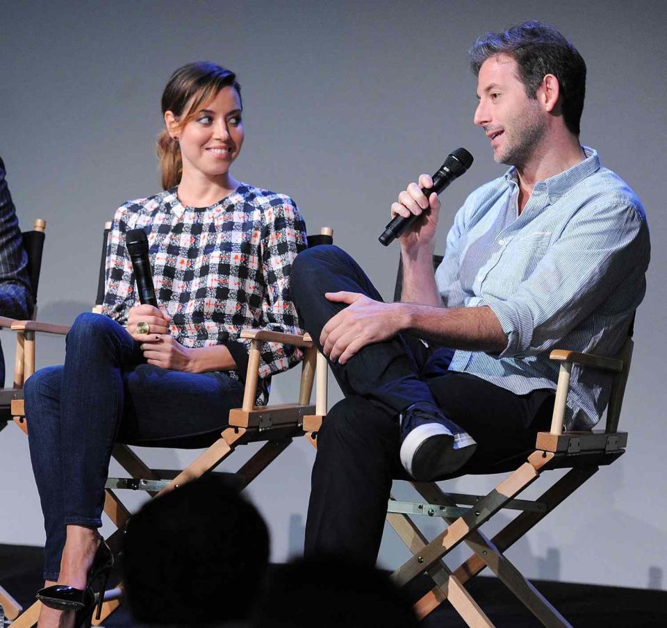 Aubrey Plaza and director Jeff Baena speak during the "Meet The Filmmakers" series at Apple Store Soho on July 30, 2014 in New York City