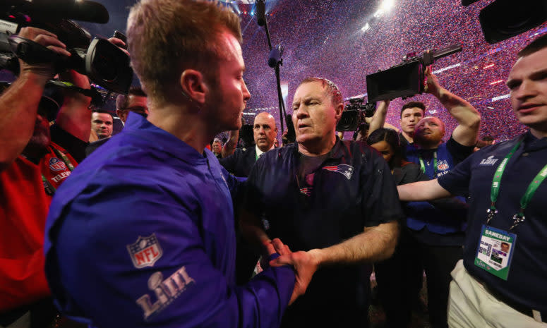 Sean McVay and Bill Belichick shake hands after the Super Bowl.