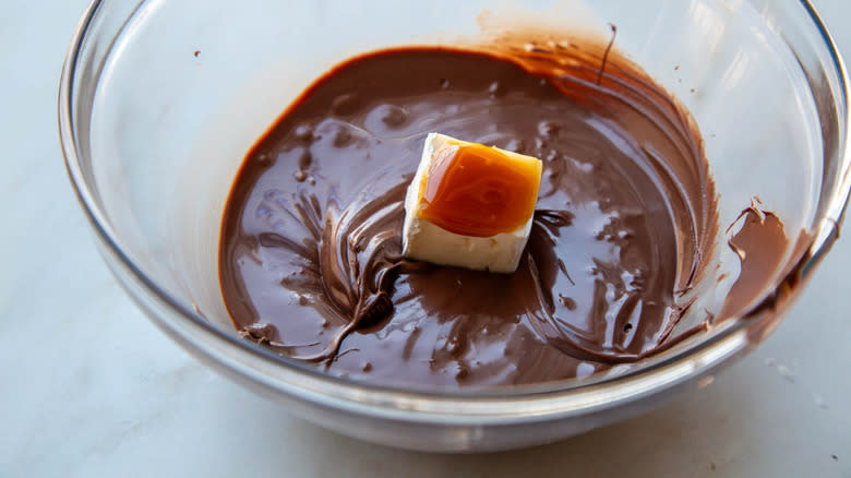 brie cube dipped in melted chocolate