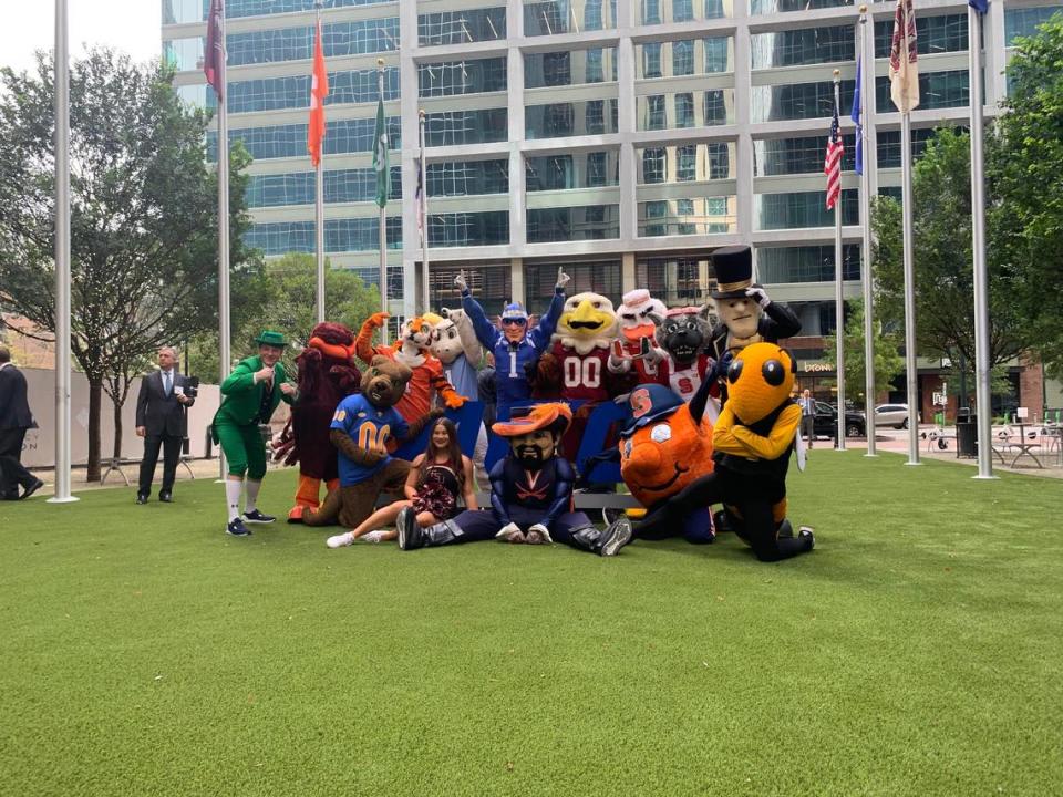 Mascots represting the ACC’s member schools celebrate the opening of the conference’s new Charlotte headquarters, in the Bank of America Tower at the Legacy Union complex. Mary Ramsey/The Charlotte Observer