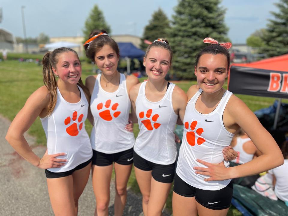Brighton's 3,200-meter relay team consisted of (from left) Jordyn Libler, Amelia Kashian, Nikki Carothers and Katie Carothers.
