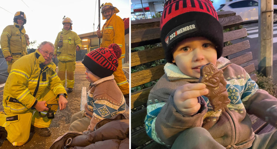 Firies work to free to three-year-old boy (left) and Elliot Pawley with a chocolate (right)