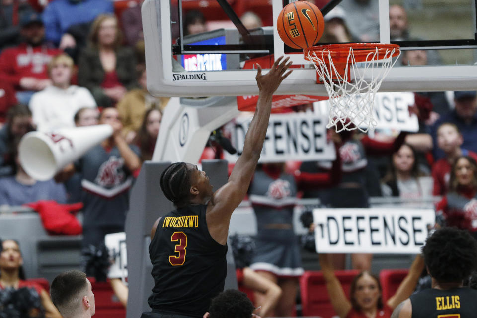 Southern California forward Vincent Iwuchukwu (3) shoots against Washington State during the second half of an NCAA college basketball game Thursday, Feb. 29, 2024, in Pullman, Wash. (AP Photo/Young Kwak)