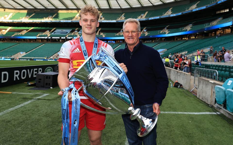 Louis Lynagh (left) with his proud father Michael after winning the Premiership with Harlequins - GETTY IMAGES