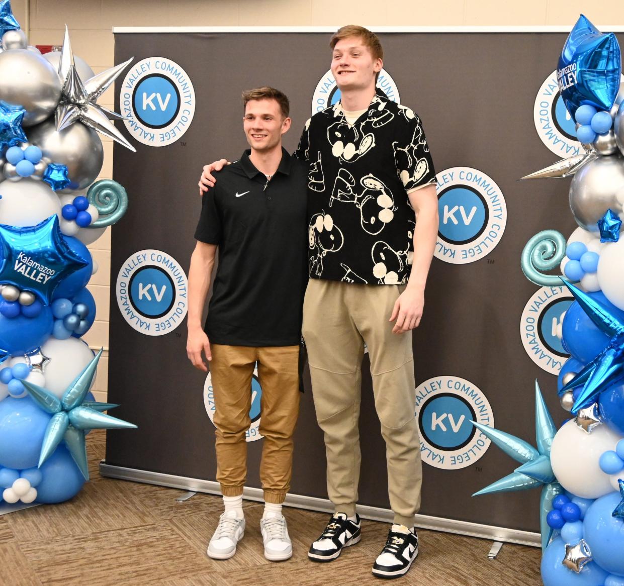 Erie Mason products Joey Liedel (left) and John Sweeney pose for a photo during the end-of-the-season banquet for the Kalamazoo Valley Community College men's basketball team.