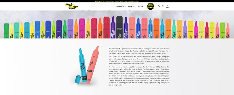 This screen capture from highlightvape.com shows the colorful selection of vape products that can easily be mistaken for an actual highlighter carried by a student.