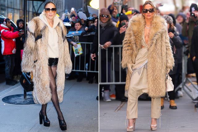 <p>Gotham/GC Images</p> Jennifer Lopez wears two fur coats in N.Y.C. on Feb. 16