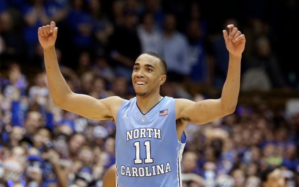 North Carolina's Brice Johnson (11) reacts following North Carolina's 76-72 win over Duke in an NCAA college basketball game in Durham, N.C., Saturday, March 5, 2016. 