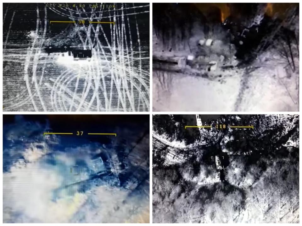 A collage of four screenshots from what Ukrainian forces say is the viewfinder of Bayraktar TB2 drones targeting Russian-controlled assets