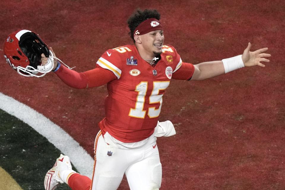 Kansas City Chiefs quarterback Patrick Mahomes (15) celebrates their win in overtime during the NFL Super Bowl 58 football game Sunday, Feb. 11, 2024, in Las Vegas. The Kansas City Chiefs won 25-22 against the San Francisco 49ers. (AP Photo/Charlie Riedel)