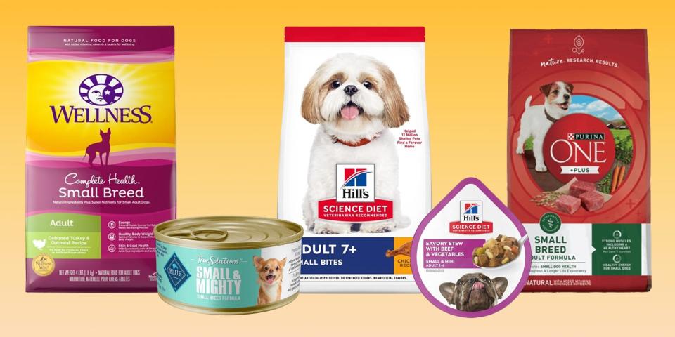 A yellow background with bags of Wellness, Hill's, and Purina dog food, a can of Blue Buffalo, and small tub of Hill's wet food.